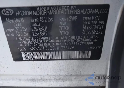 2017 Hyundai Santa Fe Sport 2.4L z USA, uszkodzony, nr VIN 5NMZT3LB5HH027476